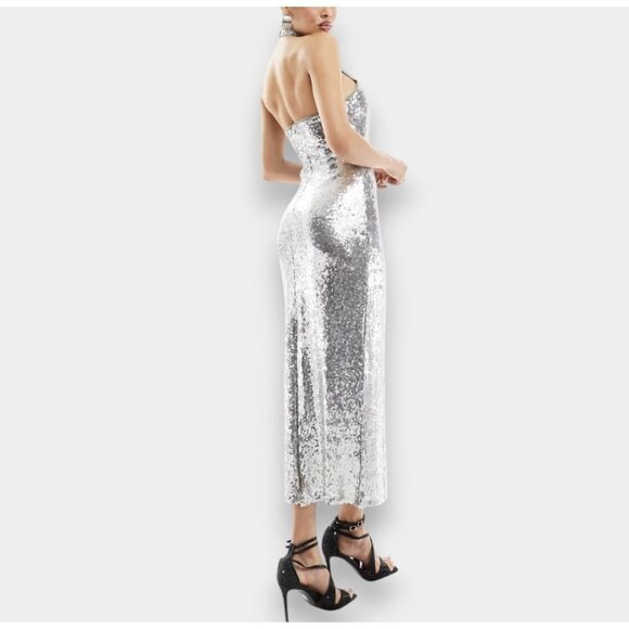Mango Halterneck Sequin Midi Dress Silver Keyhole Cocktail Event Prom NWT - Picture 2 of 16